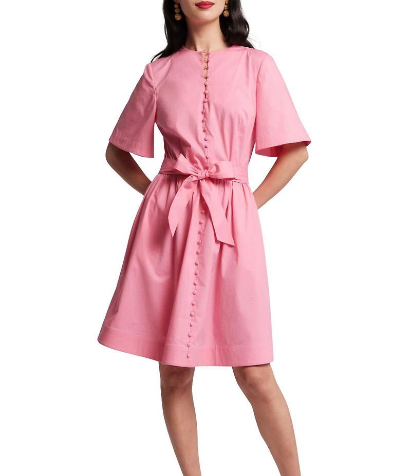 FRANCES VALENTINE Nancy Poplin High Neck Short Sleeve Tie Waist Dress