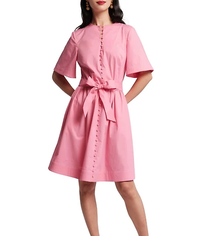 FRANCES VALENTINE Nancy Poplin High Neck Short Sleeve Tie Waist Dress