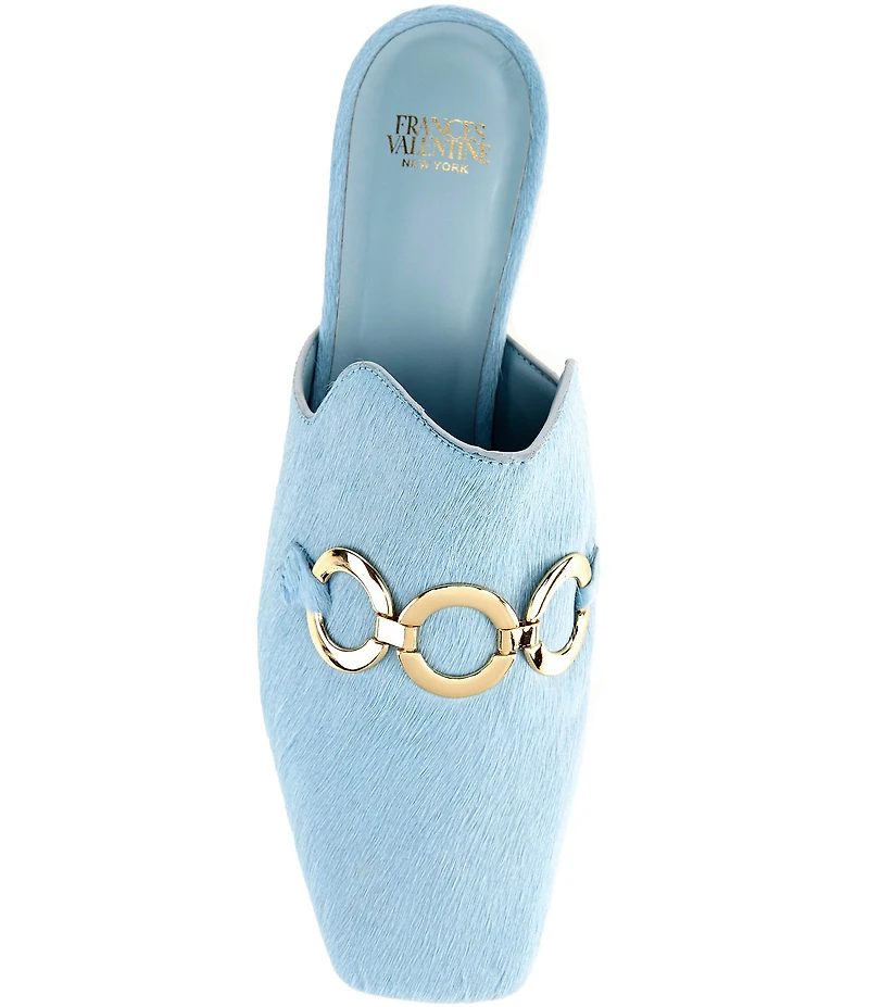 FRANCES VALENTINE Natty Haircalf Gold Hardware Block Heel Mules