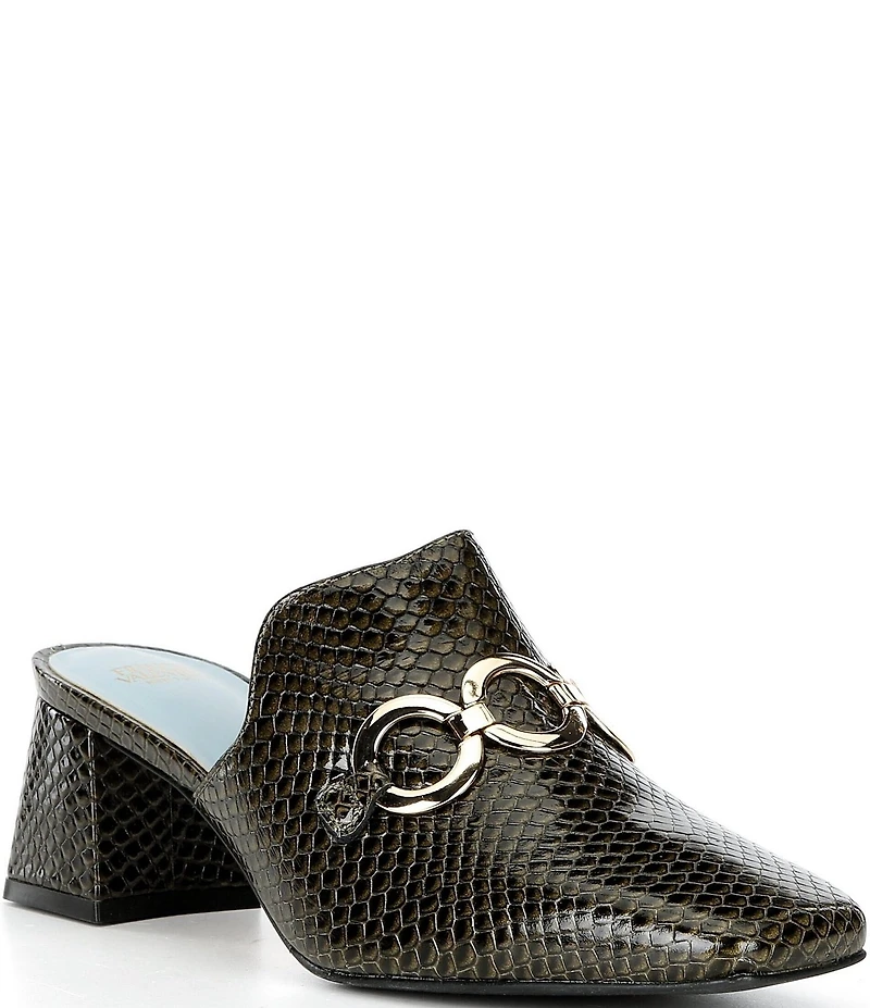 FRANCES VALENTINE Natty Snake Embossed Leather Gold Hardware Block Heel Mules