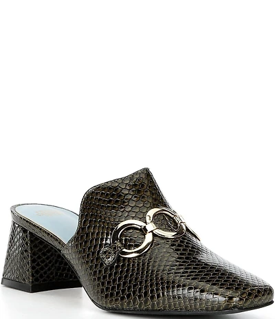 FRANCES VALENTINE Natty Snake Embossed Leather Gold Hardware Block Heel Mules