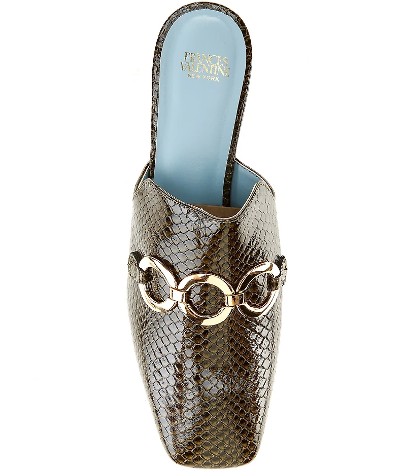 FRANCES VALENTINE Natty Snake Embossed Leather Gold Hardware Block Heel Mules