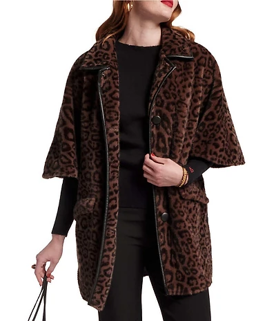 FRANCES VALENTINE Nico Jaquar Faux Fur Point Collar Elbow Sleeve Poncho