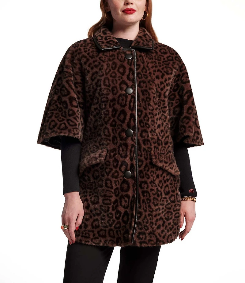 FRANCES VALENTINE Nico Jaquar Faux Fur Point Collar Elbow Sleeve Poncho