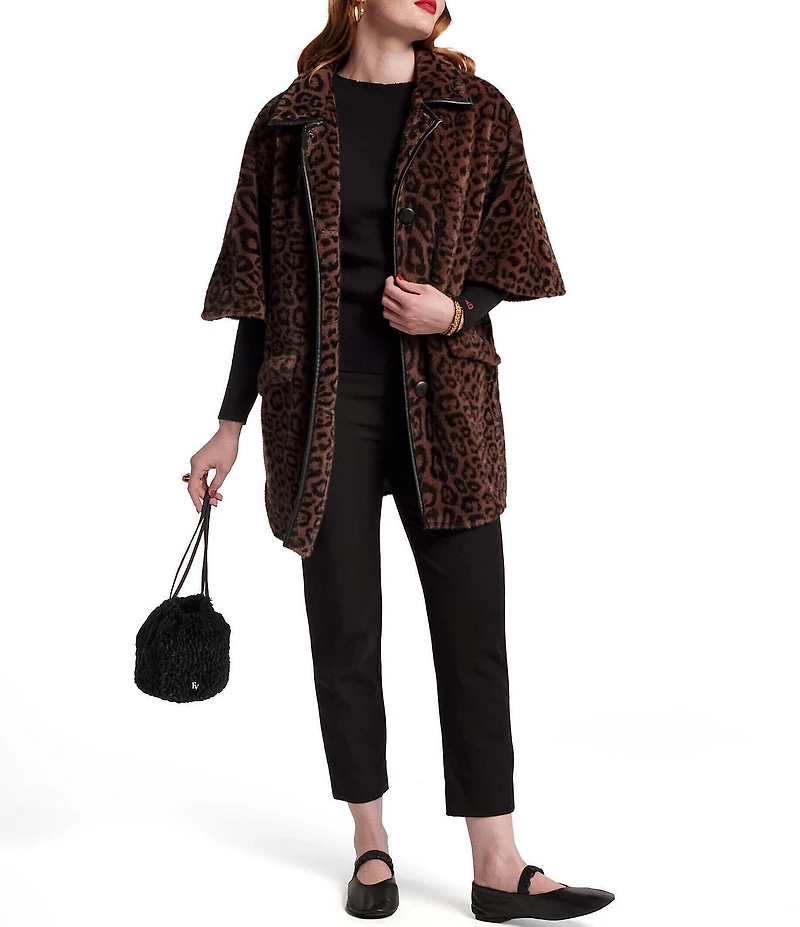 FRANCES VALENTINE Nico Jaquar Faux Fur Point Collar Elbow Sleeve Poncho