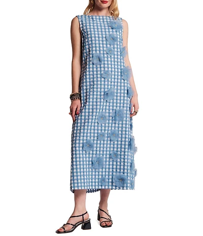 FRANCES VALENTINE Origami Ginham Print Poplin Round Neck Sleeveless 3D Flower Dress