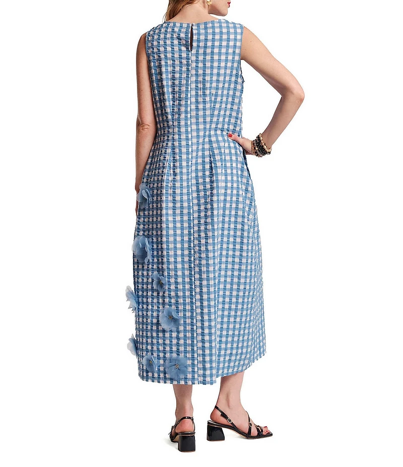 FRANCES VALENTINE Origami Ginham Print Poplin Round Neck Sleeveless 3D Flower Dress