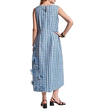 FRANCES VALENTINE Origami Ginham Print Poplin Round Neck Sleeveless 3D Flower Dress
