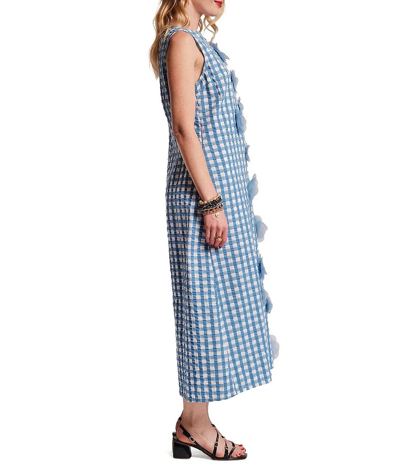 FRANCES VALENTINE Origami Ginham Print Poplin Round Neck Sleeveless 3D Flower Dress