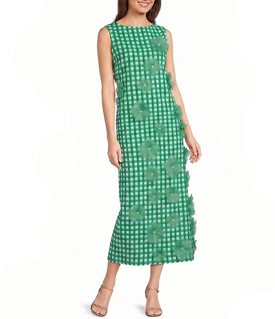 FRANCES VALENTINE Origami Ginham Print Poplin Round Neck Sleeveless 3D Flower Dress