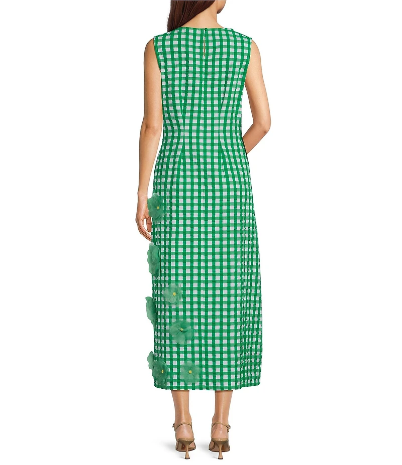 FRANCES VALENTINE Origami Ginham Print Poplin Round Neck Sleeveless 3D Flower Dress