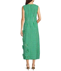FRANCES VALENTINE Origami Ginham Print Poplin Round Neck Sleeveless 3D Flower Dress