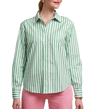 FRANCES VALENTINE Perfect Button Down Poplin Stripe Point Collar Long Sleeve Top