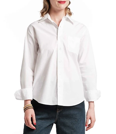 FRANCES VALENTINE Perfect Woven Point Collar Long Sleeve Embroidered Button Down Shirt