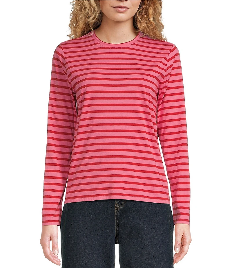 FRANCES VALENTINE Tonal Pima Cotton Crew Neck Long Sleeve Stripe Print Tee Shirt