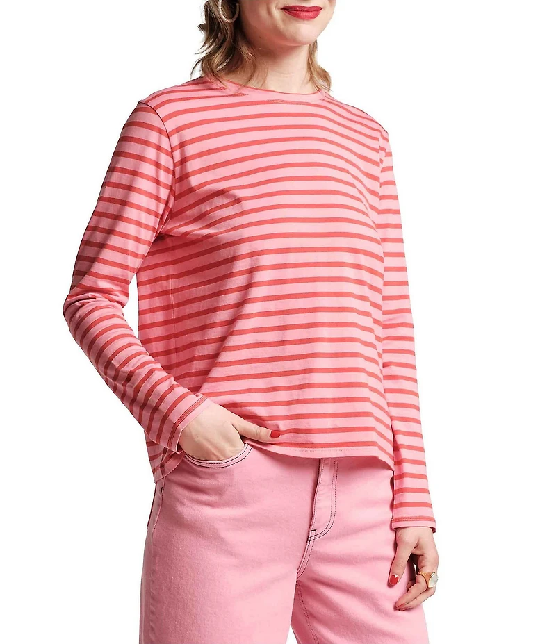 FRANCES VALENTINE Tonal Pima Cotton Crew Neck Long Sleeve Stripe Print Tee Shirt