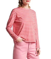 FRANCES VALENTINE Tonal Pima Cotton Crew Neck Long Sleeve Stripe Print Tee Shirt
