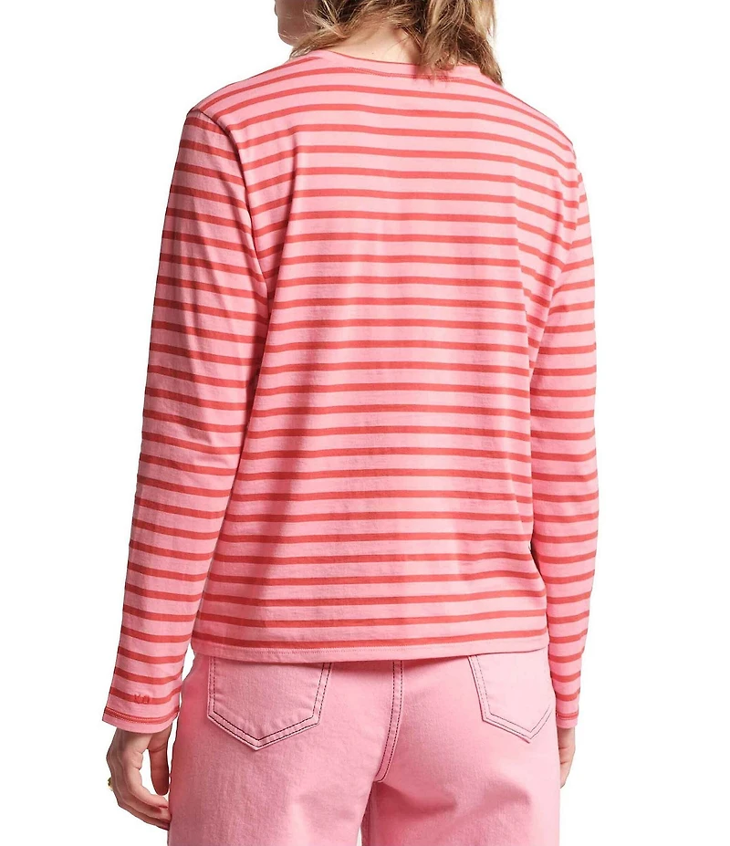 FRANCES VALENTINE Tonal Pima Cotton Crew Neck Long Sleeve Stripe Print Tee Shirt