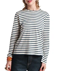 FRANCES VALENTINE Pima Cotton Crew Neck Long Sleeve Stripe Print Tee Shirt