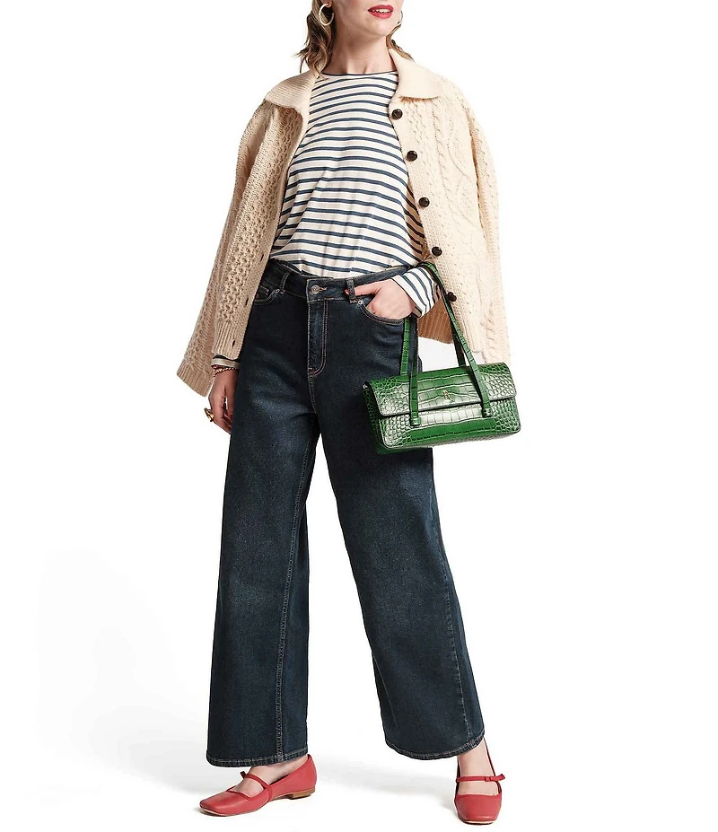FRANCES VALENTINE Pima Cotton Crew Neck Long Sleeve Stripe Print Tee Shirt