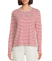 FRANCES VALENTINE Tonal Pima Cotton Crew Neck Long Sleeve Stripe Print Tee Shirt