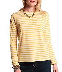 FRANCES VALENTINE Tonal Pima Cotton Crew Neck Long Sleeve Stripe Print Tee Shirt