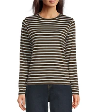 FRANCES VALENTINE Tonal Pima Cotton Crew Neck Long Sleeve Stripe Print Tee Shirt