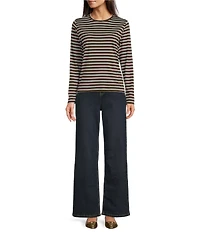 FRANCES VALENTINE Tonal Pima Cotton Crew Neck Long Sleeve Stripe Print Tee Shirt