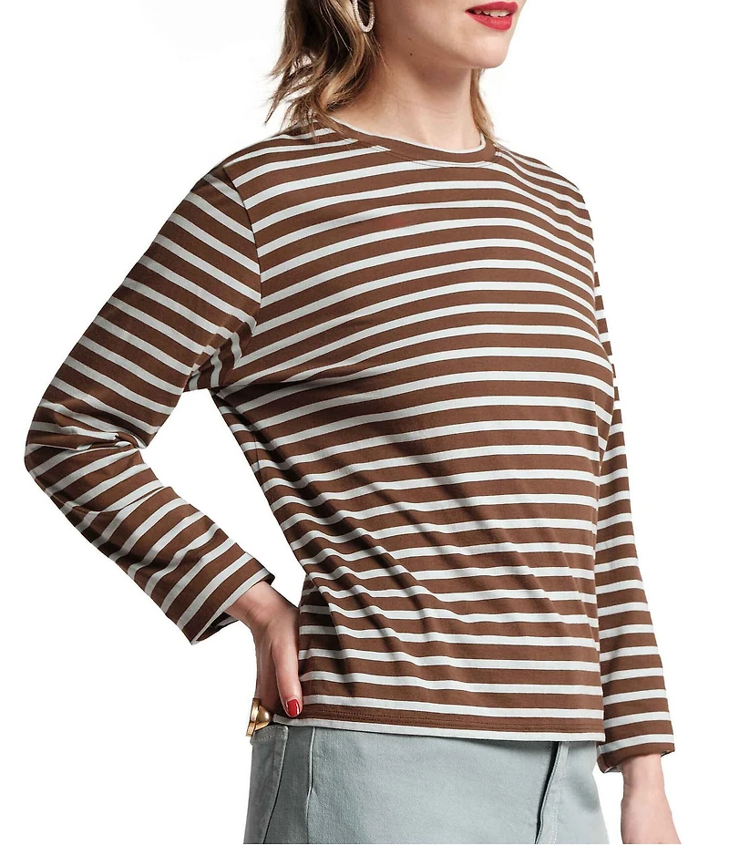 FRANCES VALENTINE Tonal Pima Cotton Crew Neck Long Sleeve Stripe Print Tee Shirt
