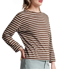 FRANCES VALENTINE Tonal Pima Cotton Crew Neck Long Sleeve Stripe Print Tee Shirt