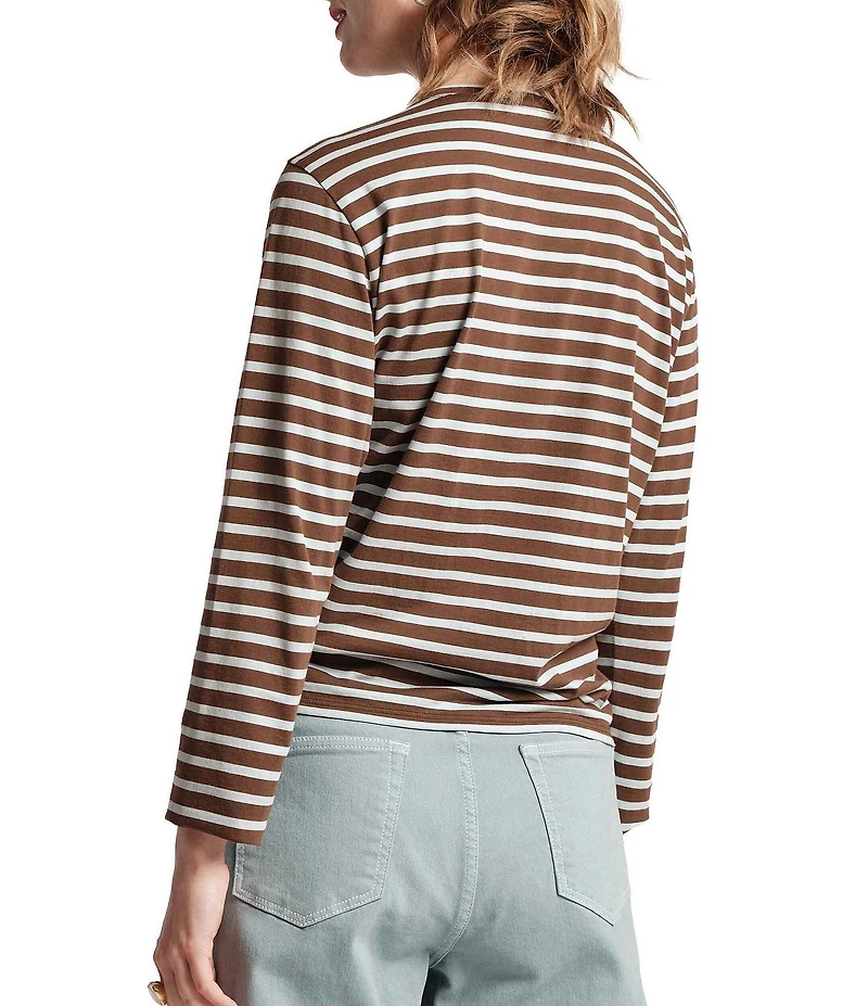 FRANCES VALENTINE Tonal Pima Cotton Crew Neck Long Sleeve Stripe Print Tee Shirt