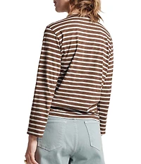 FRANCES VALENTINE Tonal Pima Cotton Crew Neck Long Sleeve Stripe Print Tee Shirt