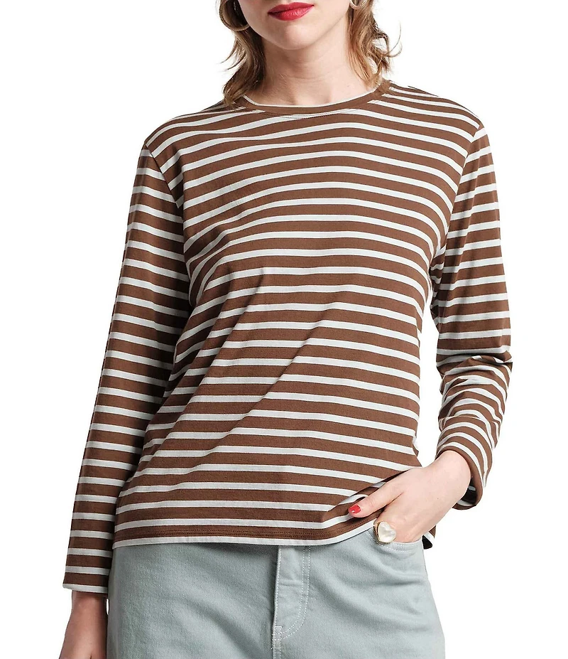 FRANCES VALENTINE Tonal Pima Cotton Crew Neck Long Sleeve Stripe Print Tee Shirt