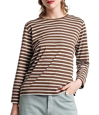 FRANCES VALENTINE Tonal Pima Cotton Crew Neck Long Sleeve Stripe Print Tee Shirt