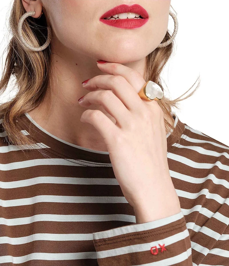 FRANCES VALENTINE Tonal Pima Cotton Crew Neck Long Sleeve Stripe Print Tee Shirt