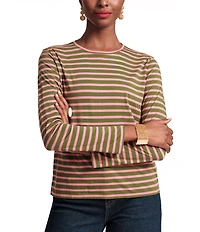 FRANCES VALENTINE Tonal Pima Cotton Crew Neck Long Sleeve Stripe Print Tee Shirt