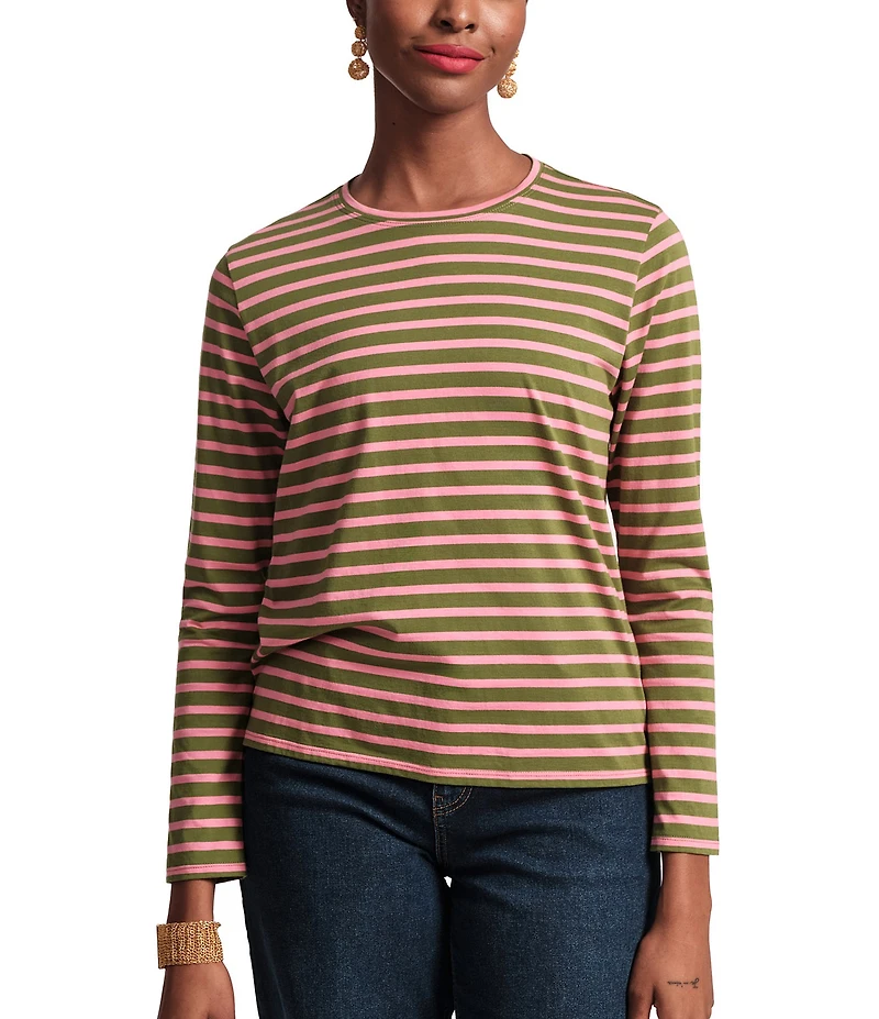 FRANCES VALENTINE Tonal Pima Cotton Crew Neck Long Sleeve Stripe Print Tee Shirt