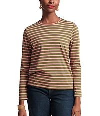 FRANCES VALENTINE Tonal Pima Cotton Crew Neck Long Sleeve Stripe Print Tee Shirt