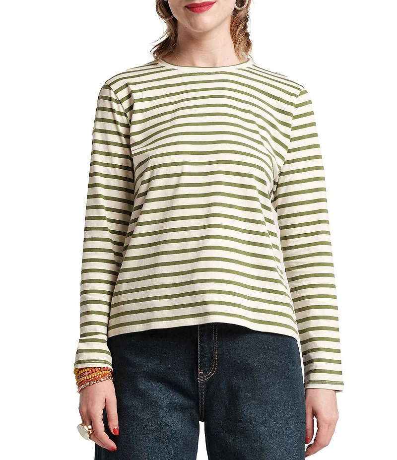 FRANCES VALENTINE Pima Cotton Crew Neck Long Sleeve Stripe Print Tee Shirt