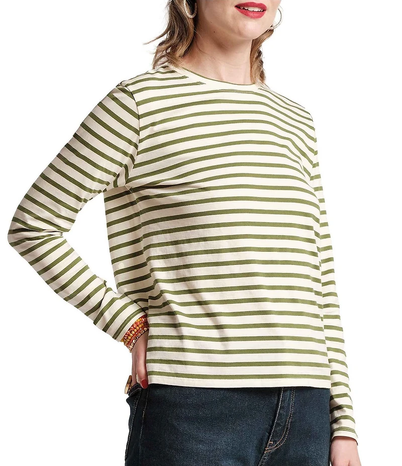 FRANCES VALENTINE Pima Cotton Crew Neck Long Sleeve Stripe Print Tee Shirt
