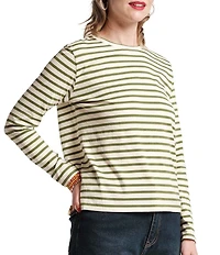 FRANCES VALENTINE Pima Cotton Crew Neck Long Sleeve Stripe Print Tee Shirt