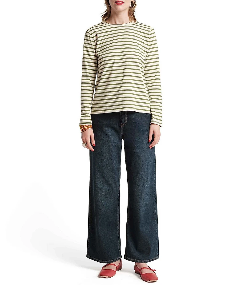 FRANCES VALENTINE Pima Cotton Crew Neck Long Sleeve Stripe Print Tee Shirt