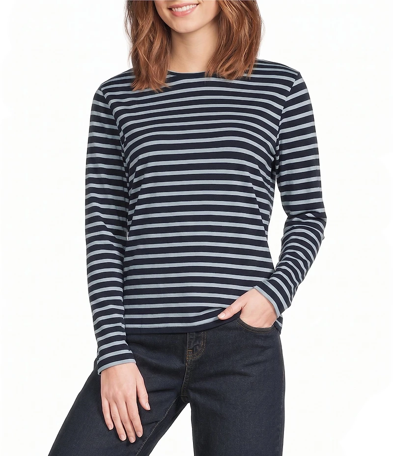 FRANCES VALENTINE Tonal Pima Cotton Crew Neck Long Sleeve Stripe Print Tee Shirt