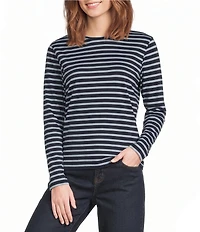 FRANCES VALENTINE Tonal Pima Cotton Crew Neck Long Sleeve Stripe Print Tee Shirt