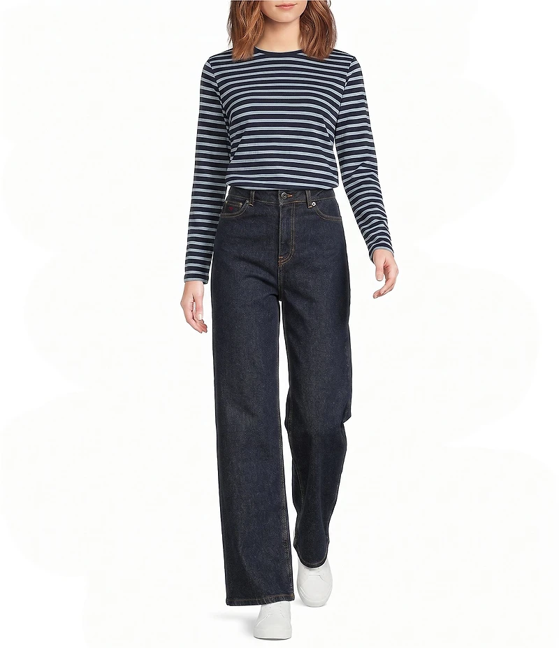 FRANCES VALENTINE Tonal Pima Cotton Crew Neck Long Sleeve Stripe Print Tee Shirt