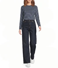FRANCES VALENTINE Tonal Pima Cotton Crew Neck Long Sleeve Stripe Print Tee Shirt