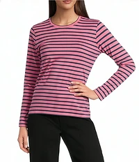 FRANCES VALENTINE Tonal Pima Cotton Crew Neck Long Sleeve Stripe Print Tee Shirt