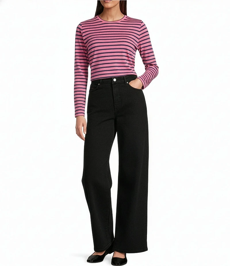 FRANCES VALENTINE Tonal Pima Cotton Crew Neck Long Sleeve Stripe Print Tee Shirt