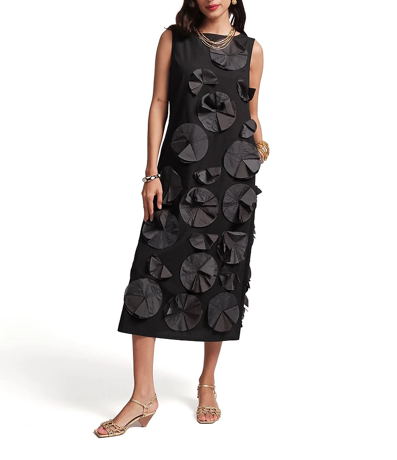 FRANCES VALENTINE Poplin Origami Flower Boatneck Sleeveless Midi Dress