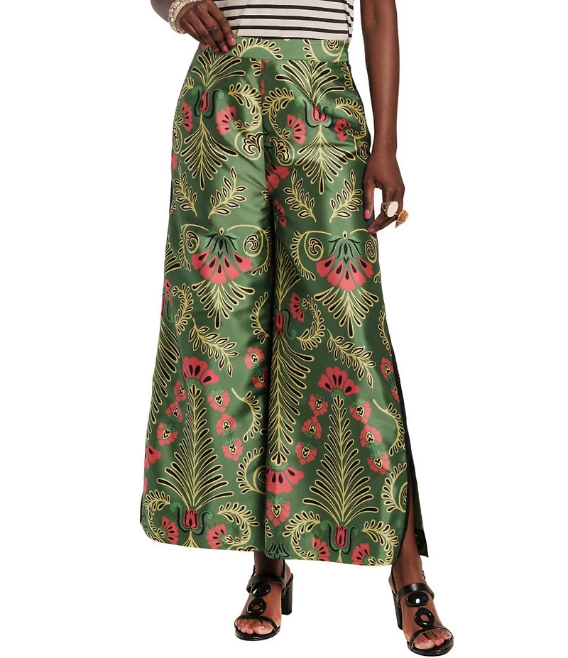 FRANCES VALENTINE Printed Taffeta Flat Front Wide Leg Pants